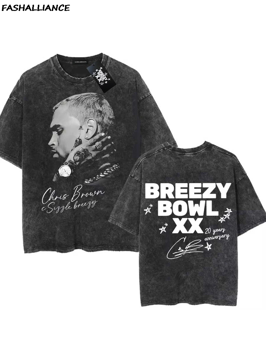Chris Brown Tag T-shirt Breezy Bowl XX Tour 2025 Oversized T shirt Washed Vintage 100% Cotton Hiphop Streetwear CB24