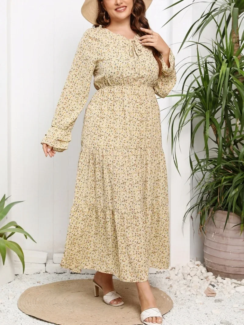 Women\'s Fashionable Chiffon Floral Super Fairy Casual Elegant Dress with Round Neck Petal Sleeves Fresh and Sweet Long Skirt