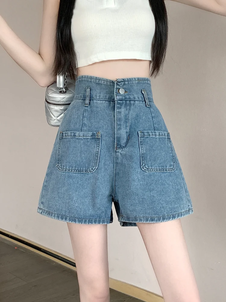 

Джинсовые орты трапециевидной формы с высокой талией, женские сексуальные студенческие дизайнерские летние орты больших размеров, утягивающие синие джинсы, повседневные женские брюки