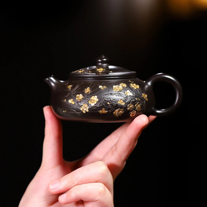 

170ml Yixing Purple Clay Teapots Handmade Gold Drawing Han Jiang Pot Raw Ore Dahongpao Mud Reducing Roasting Kettle Zisha Teaset