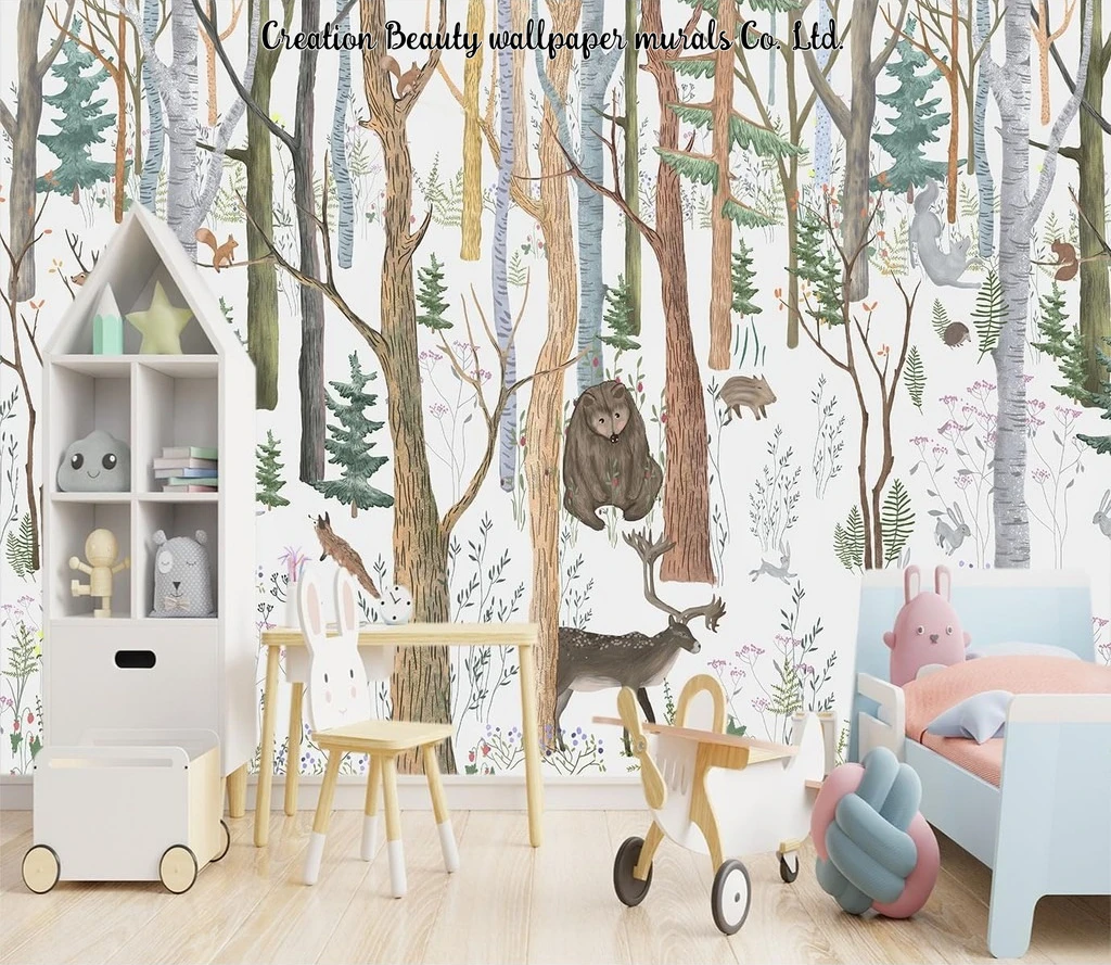Hand-Painted Animals Forest Woodland Wallpaper for Kid's Room Children's Bedroom Decor Mural Kindergarten Wall Paper Papel Tapiz