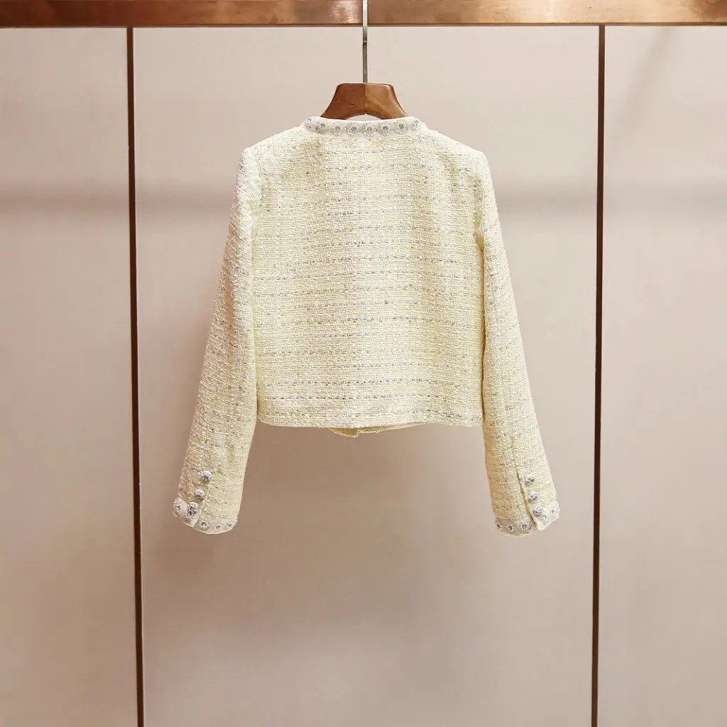 

Sp Xiaoxiang 23 Women's Aristocratic Daughter round Neck Heavy Industry Diamond Flap Pocket Plaid Tweed Short Outwear Jacket