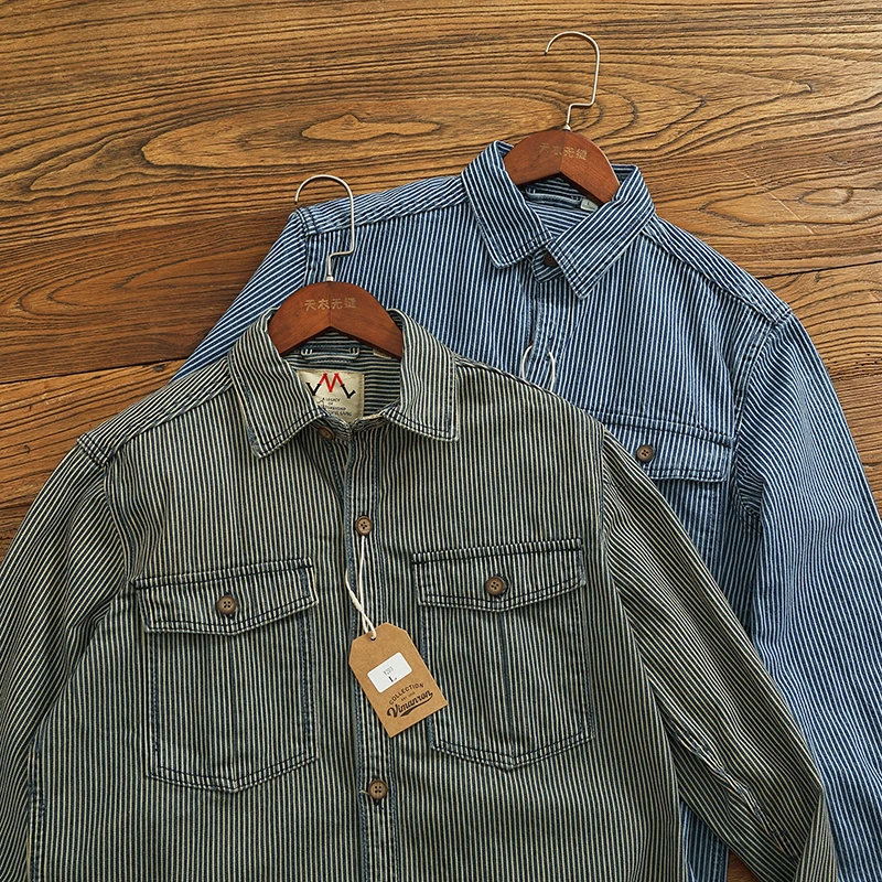 May Khaki vintage heavy long sleeve denim shirt coat men's tooling pure cotton pinstripe texture made old shirt