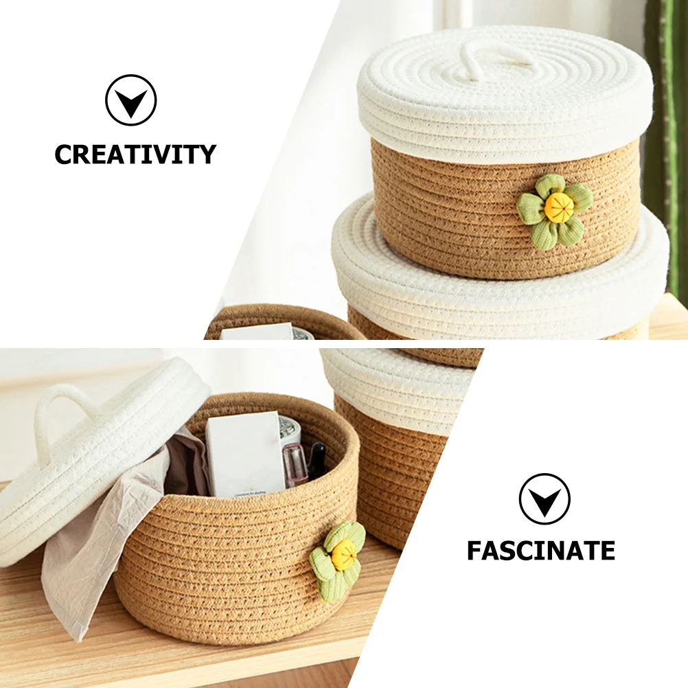

Lidded Round Storage Basket Made of Cotton Rope Fine Workmanship Multipurpose Organizer for Home Office Sundries Container
