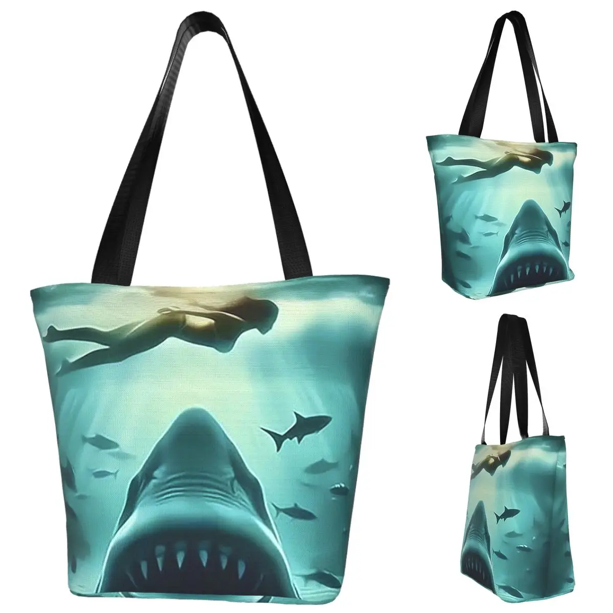 

Jaws Horror Movie Shopping Tote Bag Canvas Large Capacity Shoulder Bags Shopper Grocery Handbag for Women