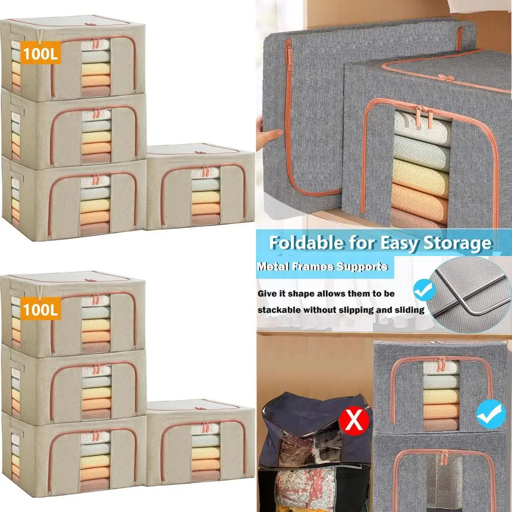 

Collapsible Storage Bins with Metal Frame, Clear Window, Thick Fabric, Beige, 100L, 4-Pack