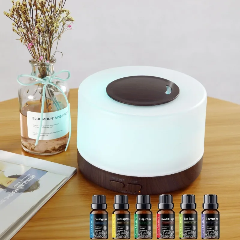 

Diffuser For Home Luxury Wood Pattern Aromatherapy Diffuser 500ml 7 Color LED Humidifier w/ Remote 6 Premium Essential Oils (