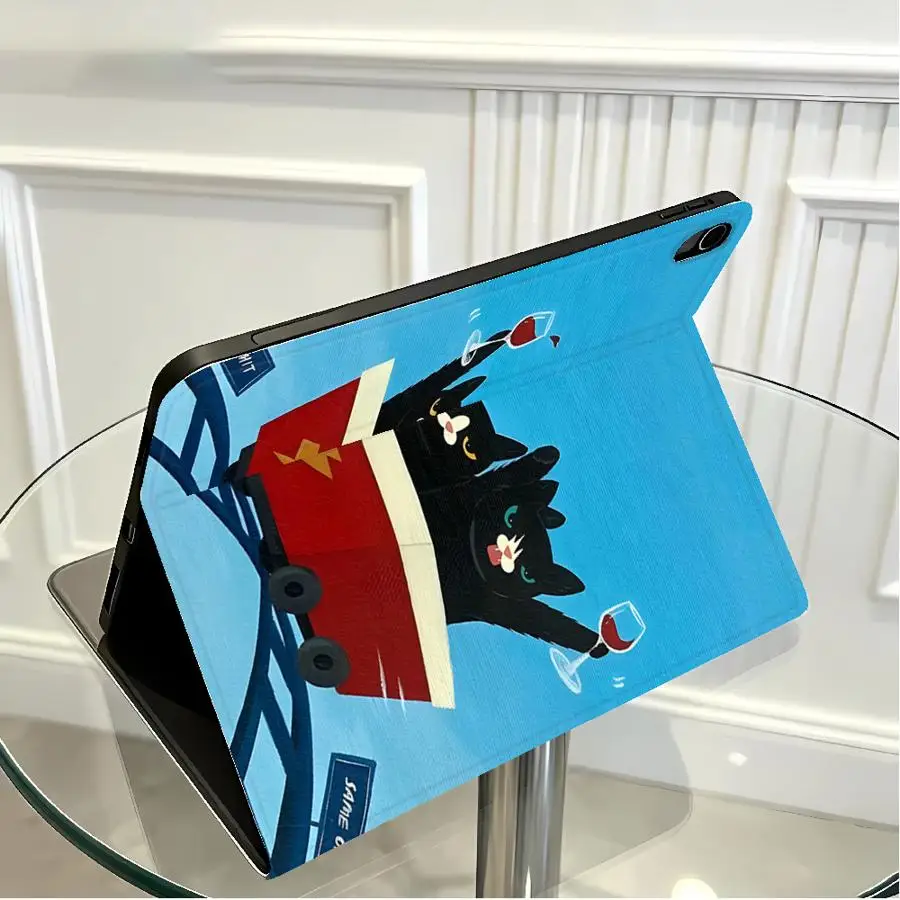 With Pencil Holder Case for Apple iPad 10th 7/8/9th Pro11 13 Air 11 13 M4 M3 M2 A16 2026 Air 4/5/6th Creative Cat Drinking