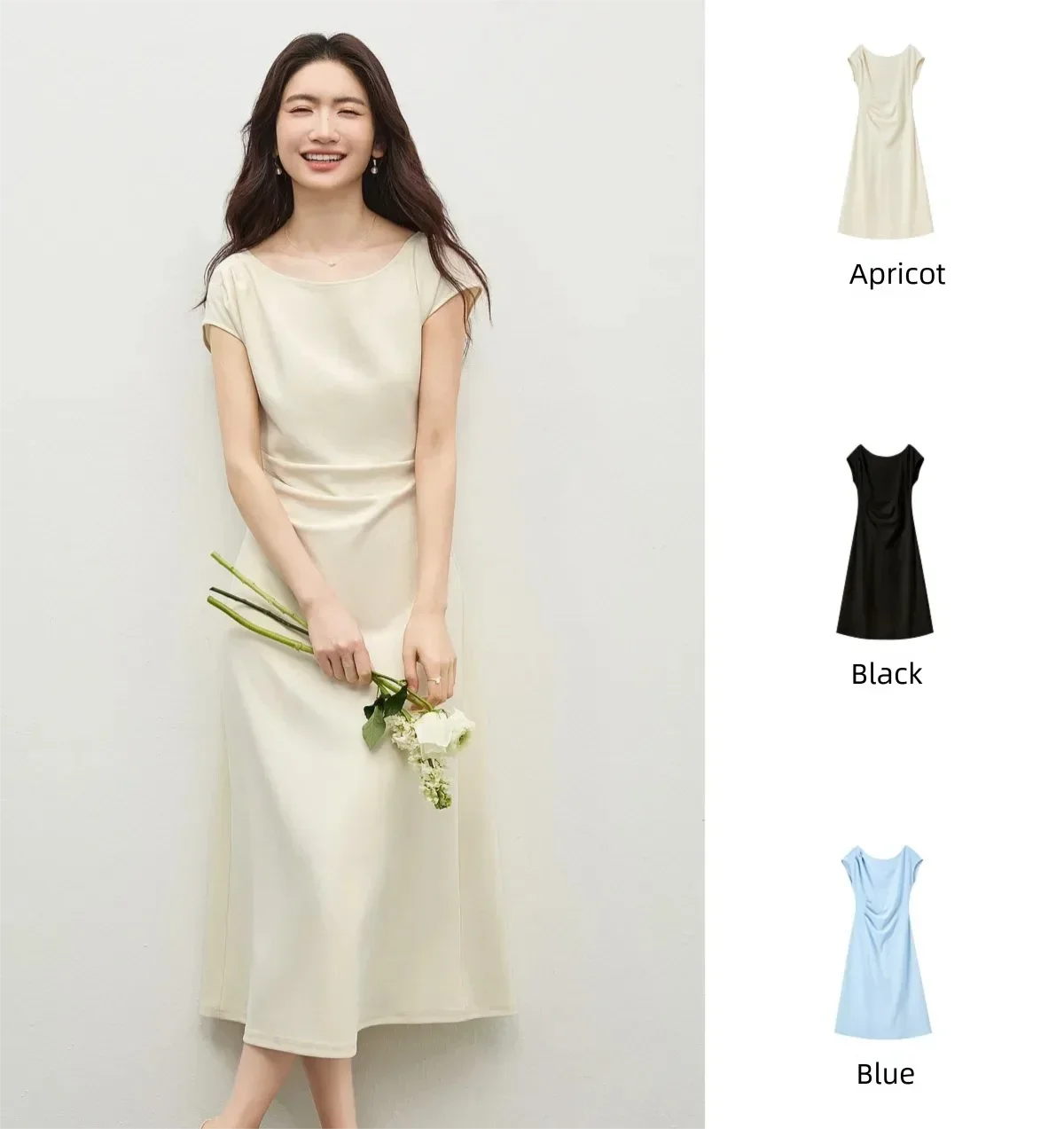 SENTUBILA Schwarzes Minimalistisches A-Linien-Kleid mit Kurzen Ärmeln für Damen 2026 Sommer Elegantes Boot-Ausschnitt Gerafftes Kleid mit Schmaler Taille 162LI5946 – Detail 12