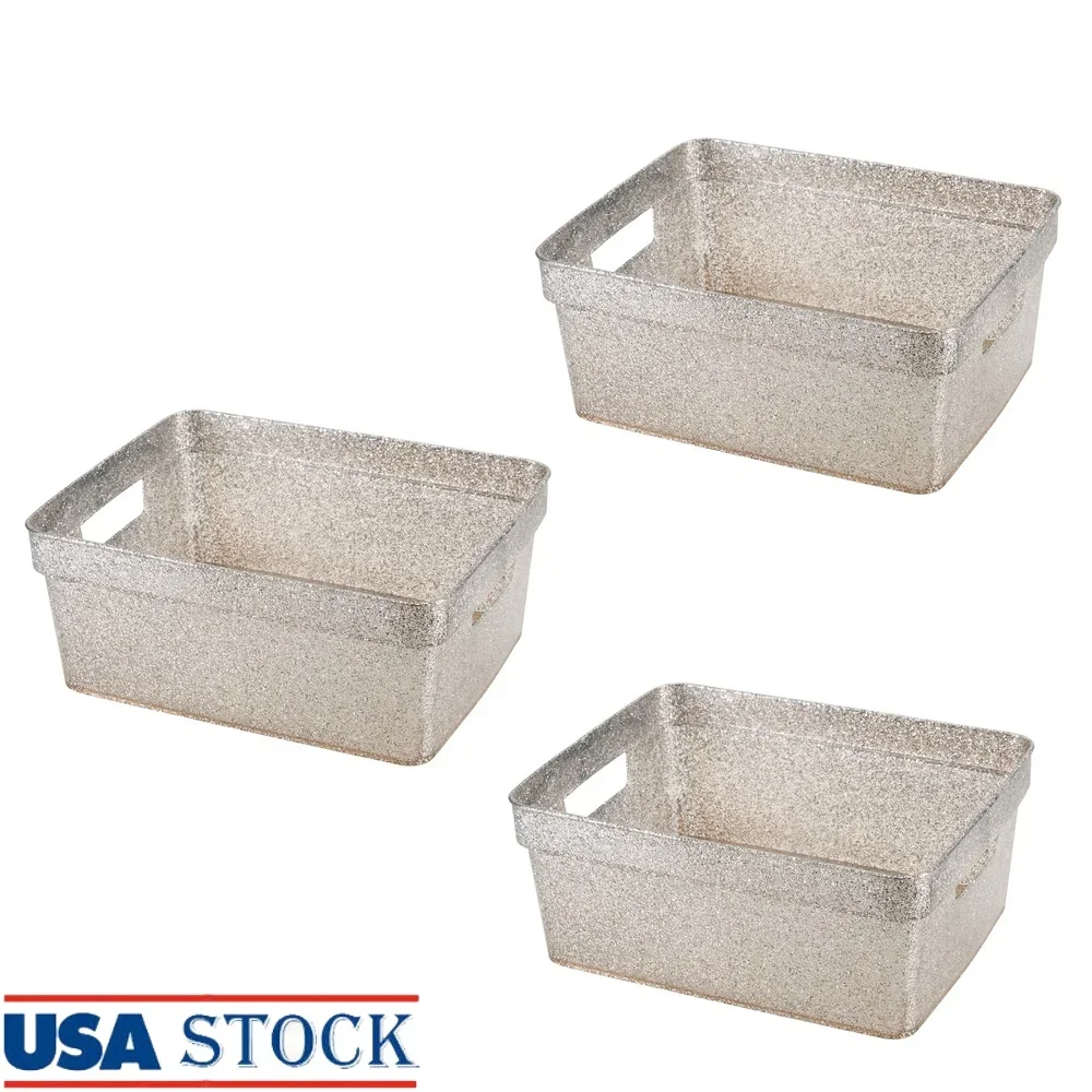 

3 Pack Small Rectangle Glitter Storage Baskets Lightweight Organizers with Open Handles Perfect Home Office Use