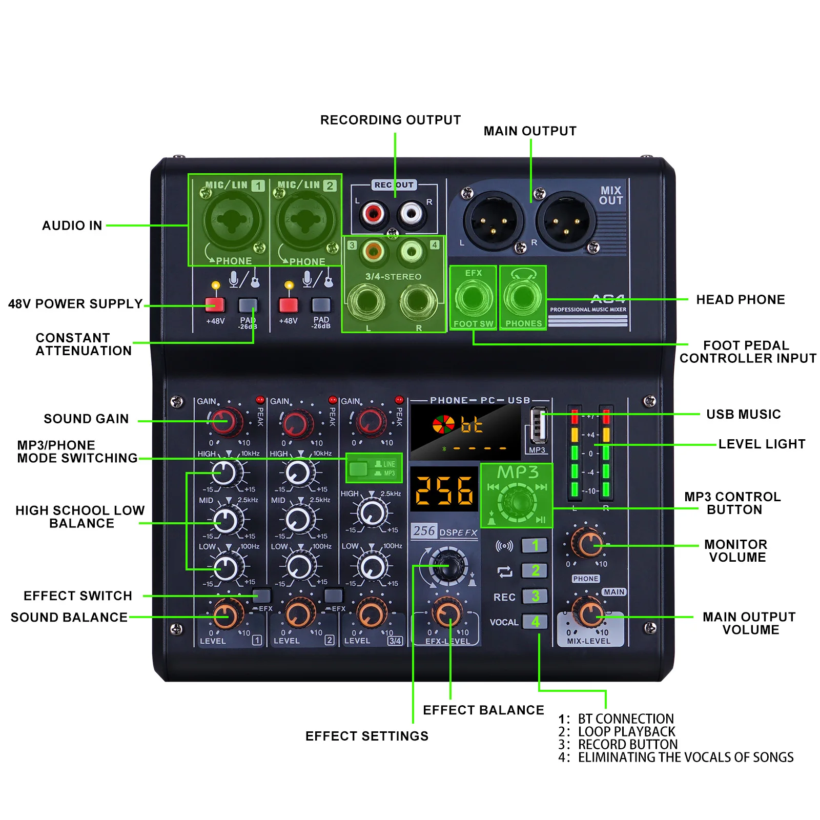 4 channel Mixer 256DSP DJ mixer USB Audio Mixer MP3 computer + Phantom source 48V for Karaoke Family Stage Recorder