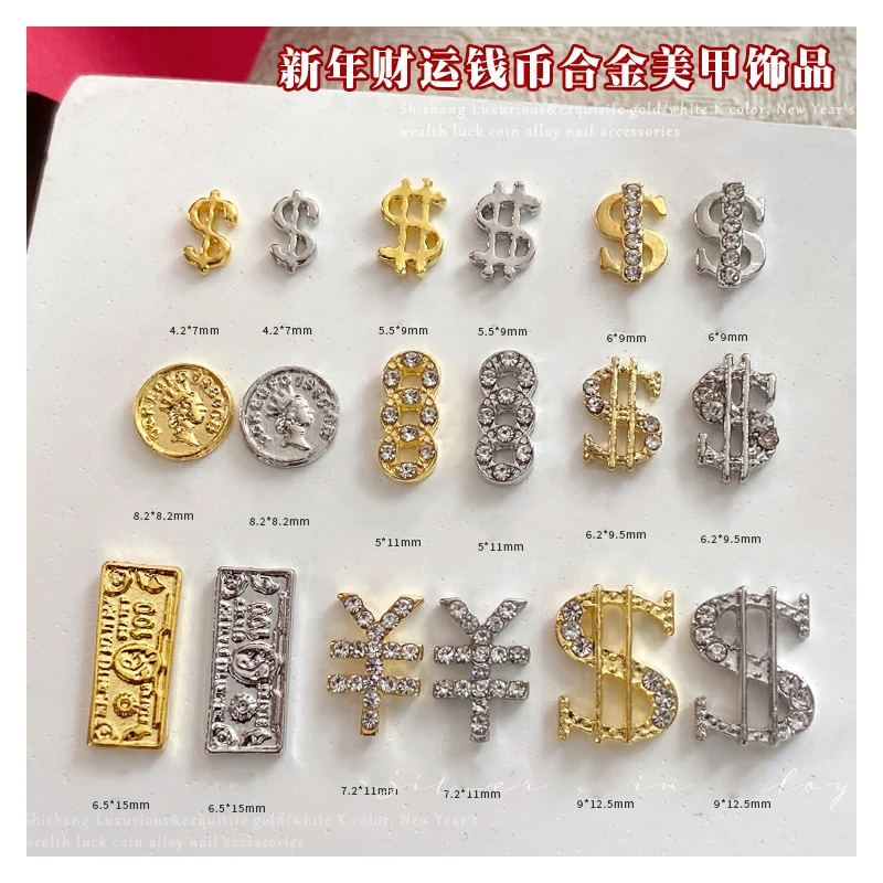 

100 шт., подвеска для ногтей со знаком доллара, веревка для денег, 12 стилей, золотые и серебряные монеты, блестящие стразы, модные аксессуары для украшения ногтей