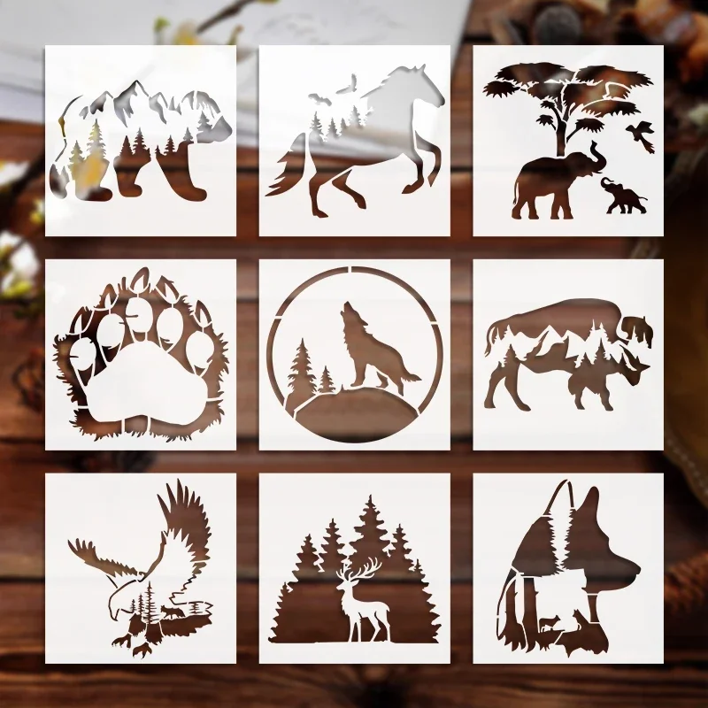 YOMDID 9pcs Wildlife Series Doodle Templates DIY Multiple Patterns Hollow Stencils For Paper Wood Canvas Decorative Templates