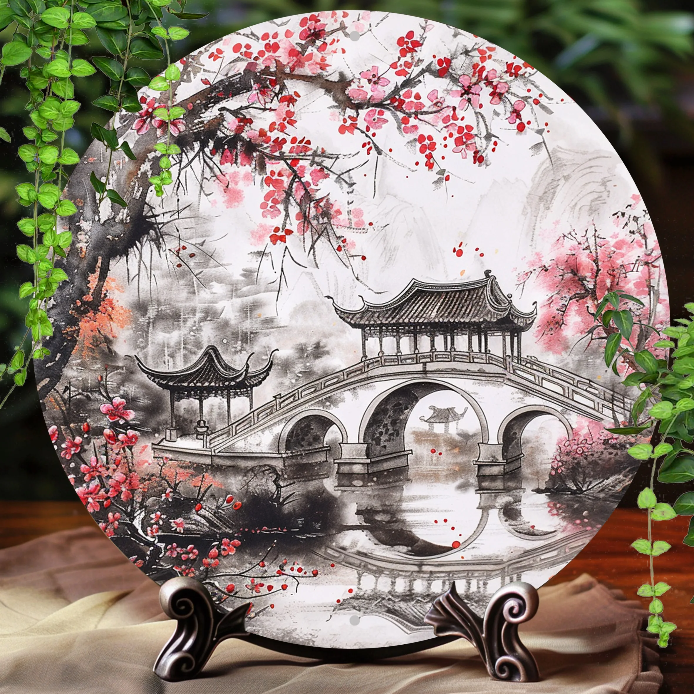 1 Stück, 2D-Flachdruck, rundes Aluminiumschild, Wandkunst, Vintage-Metallschild, chinesische Landschaften, für Bar, Küche, Kaffee, Heimzimmer