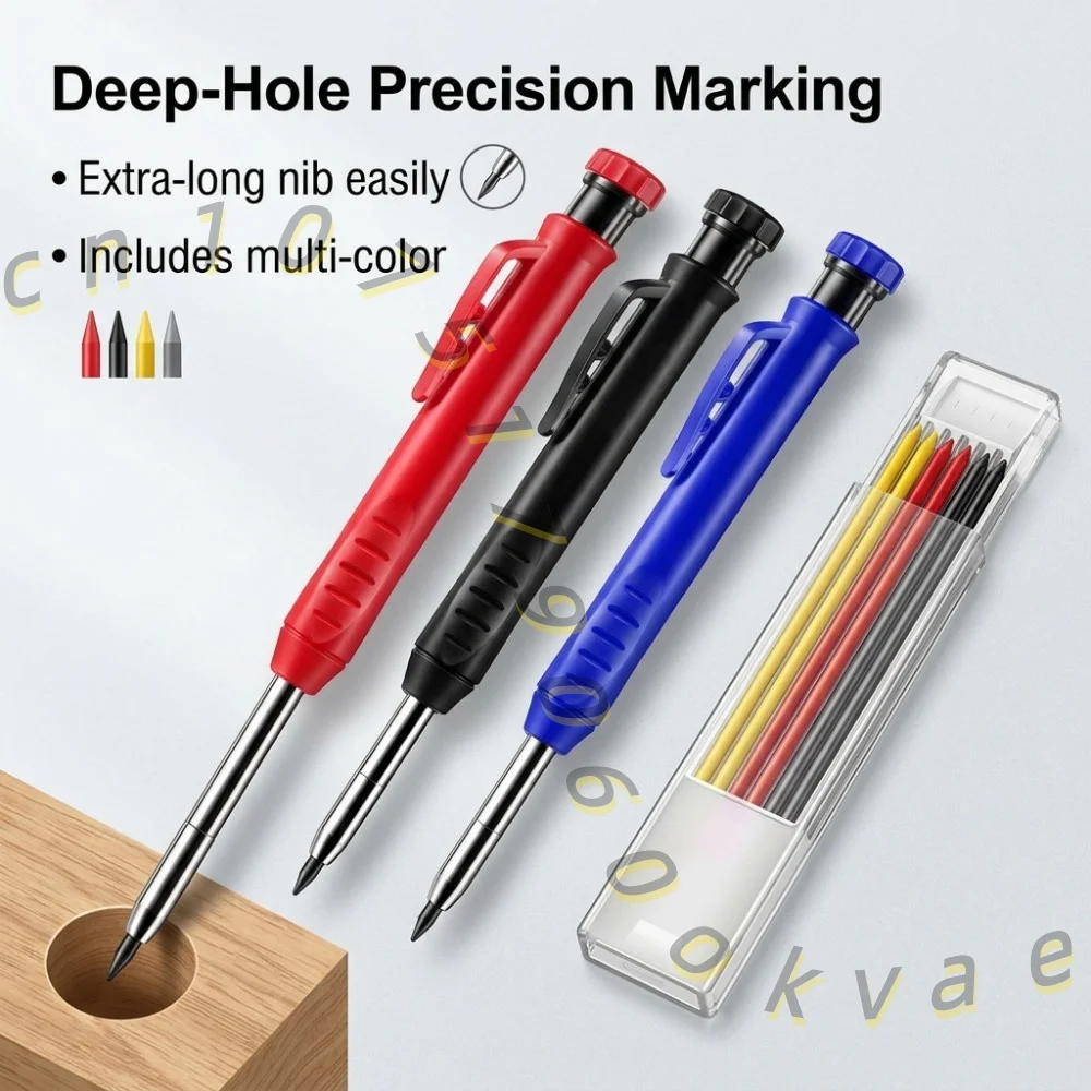 Solid Woodworking Pen Deep Hole Carpenter Pencil with Built-in Sharpener & Refills