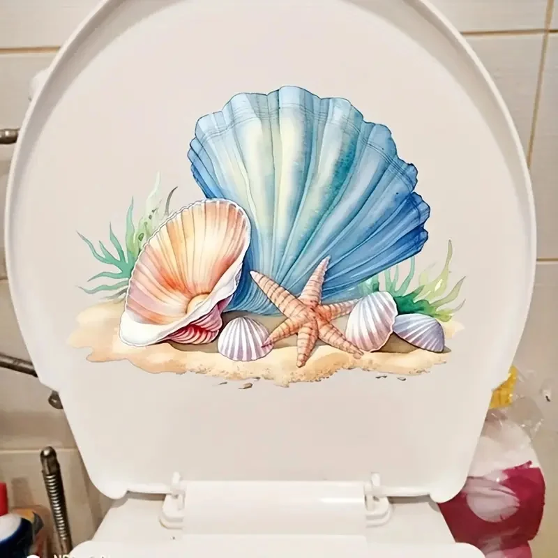 

Watercolor Blue Shell Self-Adhesive Toilet Stickers,Wall Decal Removable, Reusable Vinyl Car Sticker for Toilet Lid, Bathroom