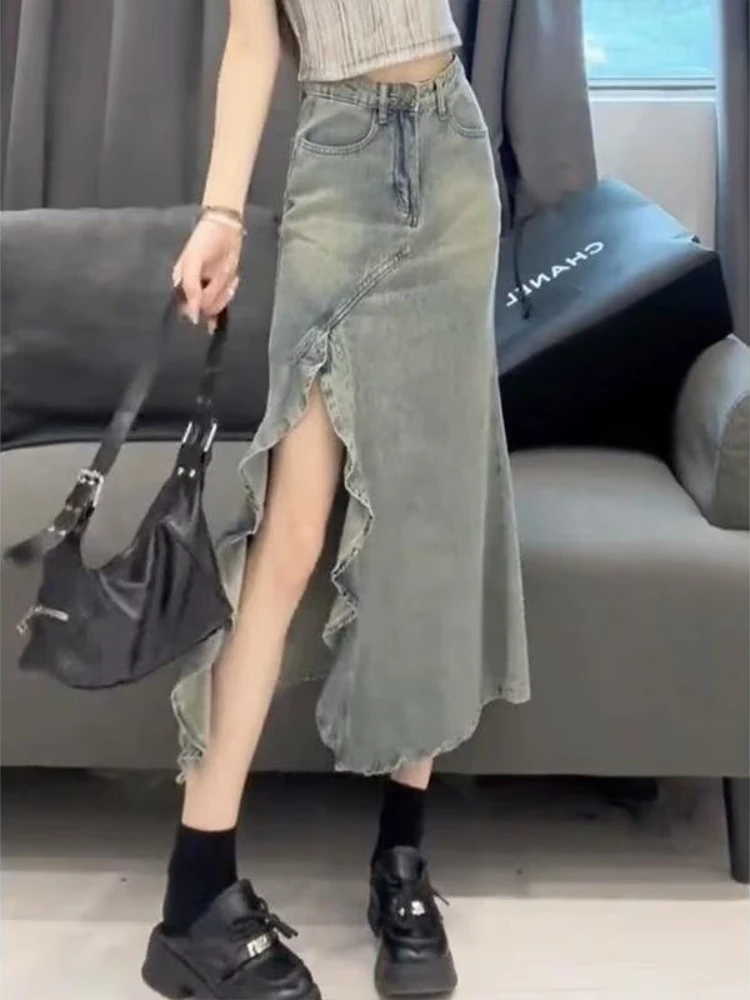 Spódnica jeansowa retro w stylu retro z falbanami, nieregularnym krojem, rozcięciem, rybim ogonem, wysoką talią, wyszczuplająca, uniwersalna spódnica w kształcie litery A, moda 2025.