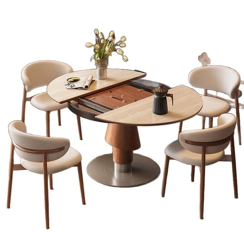 Vintage Style Extendable Dining Table 2026 New Foldable Convertible Wooden Small Round Coffee Table with Travertine Stone Top