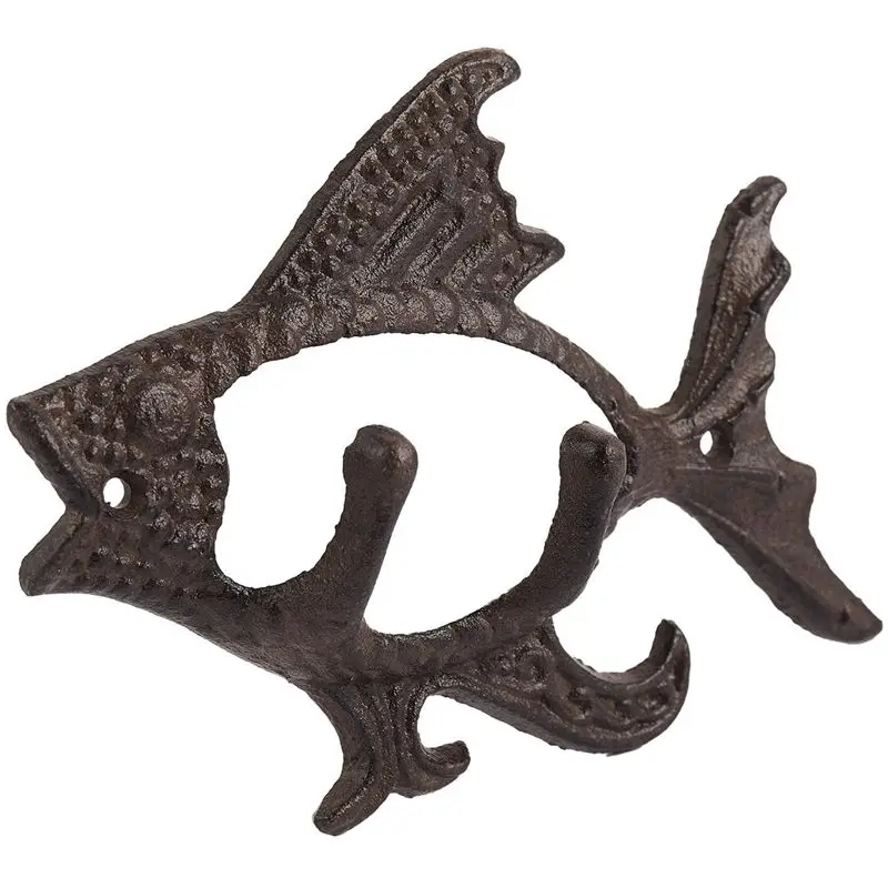 AT05-3X Fish With Two Hooks Ocean Series Cast Iron Wall Hook Wall Mount Towel Hanger Hook For Hat, Key, Coats