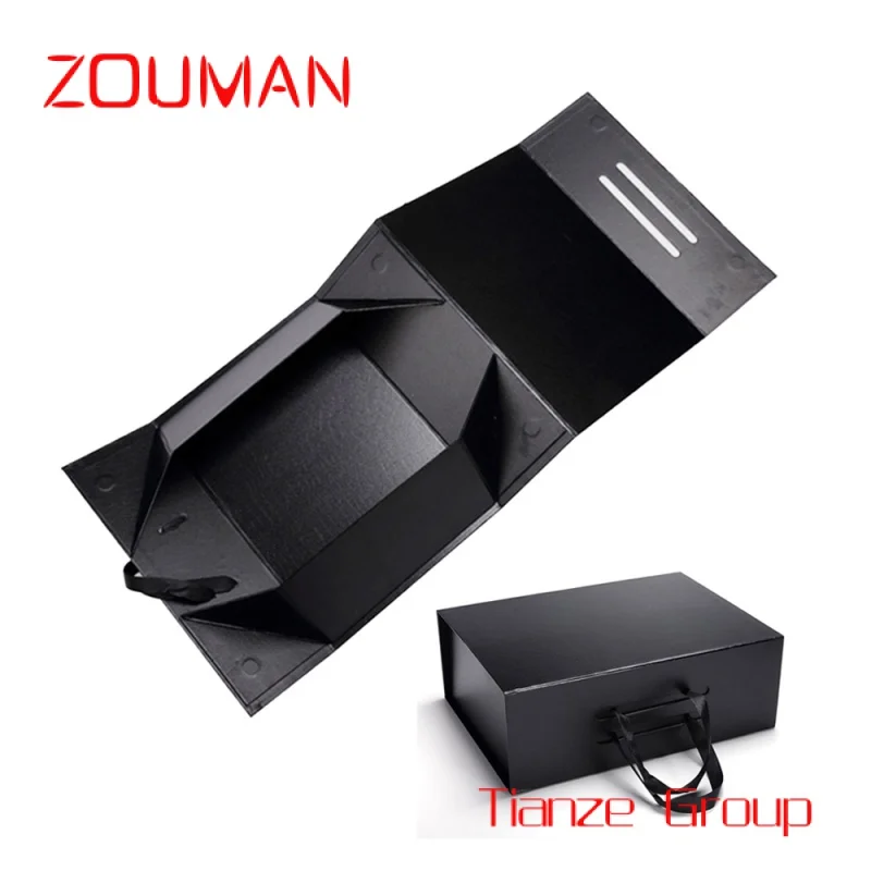 Custom , Custom Branding Matte Black Magnetic Closure Paper Gift Box For Garments Ribbon Handle Rectangular Folding Clothing Pac