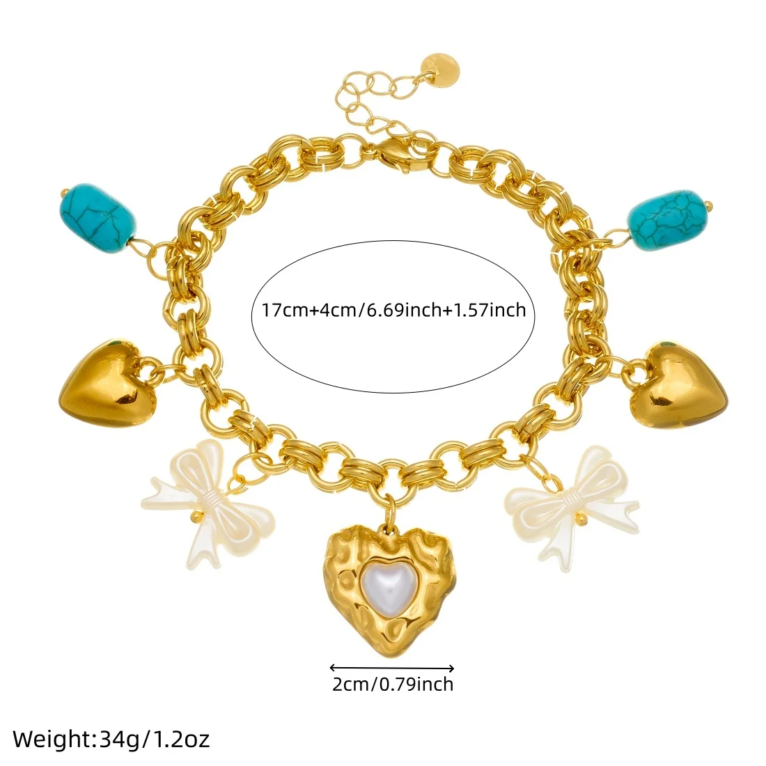 DIEYURO 316L Stainless Steel Golden Heart Inlay Pearl Turquoise Acrylic Bowknot Bracelet Lady New Classic Wrist Chain Jewelry