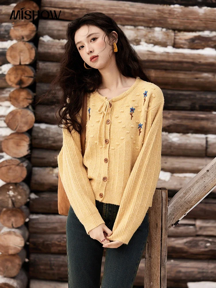 MISHOW Embroidery Lace Up Sweater Women Wool Blend Thickened Warm Loose Versatile Tops Sweet Soft Knitted Cardigan MXD59Z1148