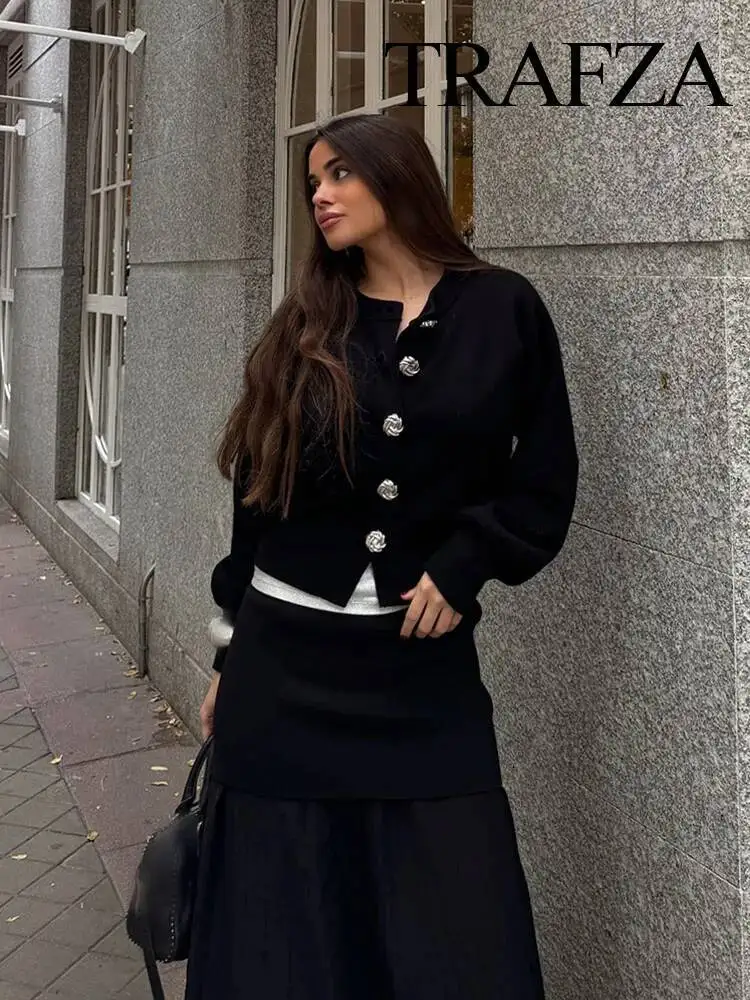 

TRAFZA Slim Fit 2 Piece Set Retro Black Knitted Sweater Jacket + Fashion High Waist Women's Casual Mini Skirt Streetwear