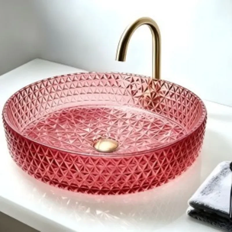 Luxury Wine Red Rhombus Crystal Glass Countertop Basin Round Art Washbasin for European Bathroom Sink Modern Decorative
