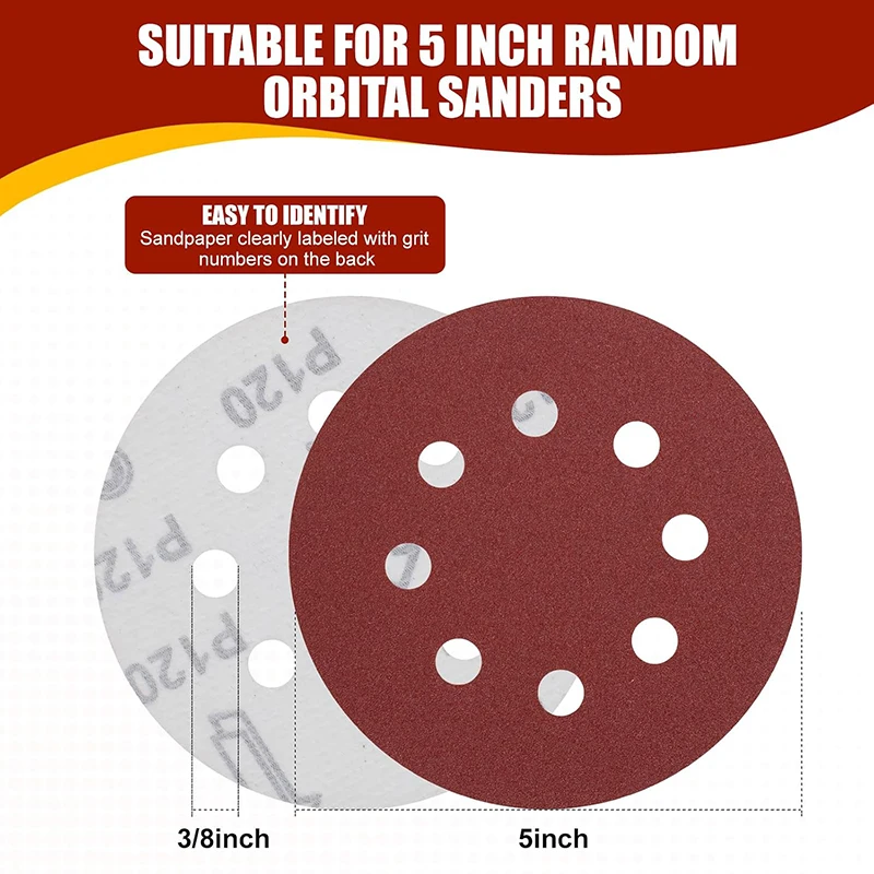 70 PCS 5 Inch 8-Hole Sanding Discs, 9 Mixed Grits  40-800 Grit Hook and Loop Sandpaper for Random Orbital Sander