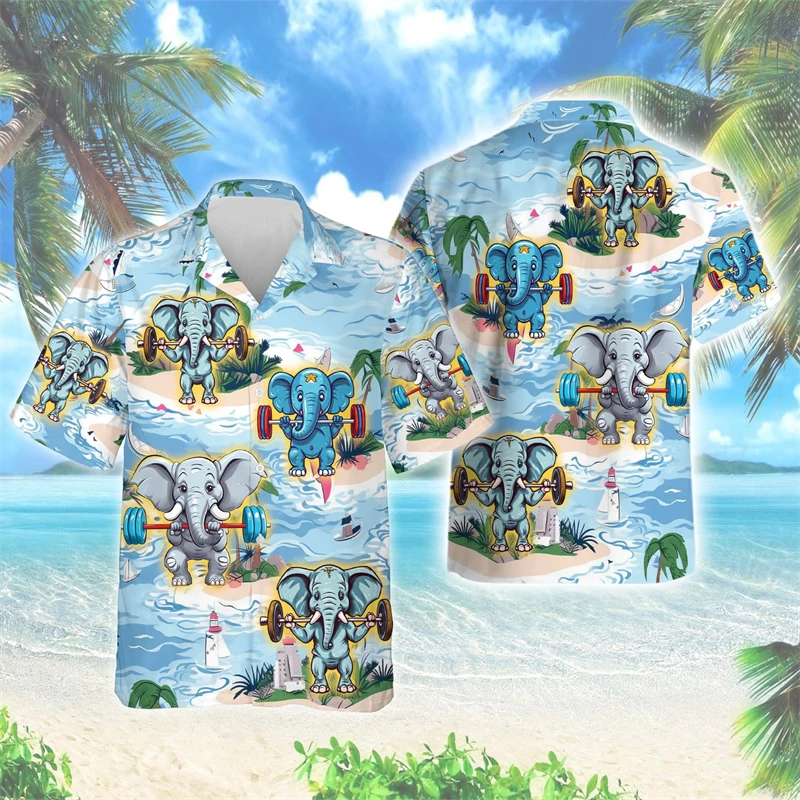 Super Gym Workout Dog 3D Printed Shirts For Men Funny Animal Elephant Tiger Sport Short Sleeve Hawaii Tops Floral Blouse Retro