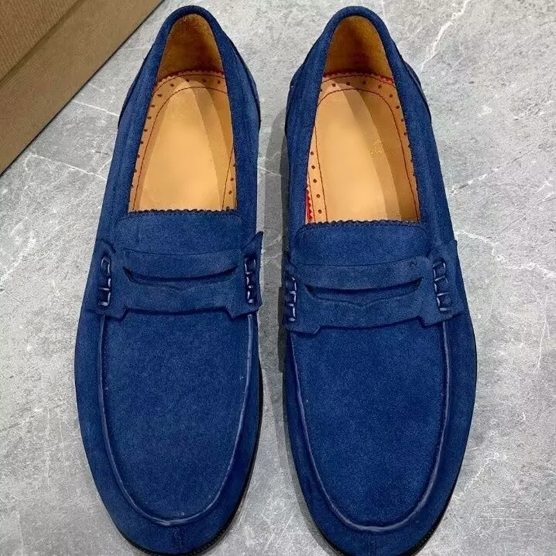 New Dark Blue Men Suede Loafers Luxury Fashion Penny Loafer Shoes Handcrafted Leather Shoes Slip On Casual Flats