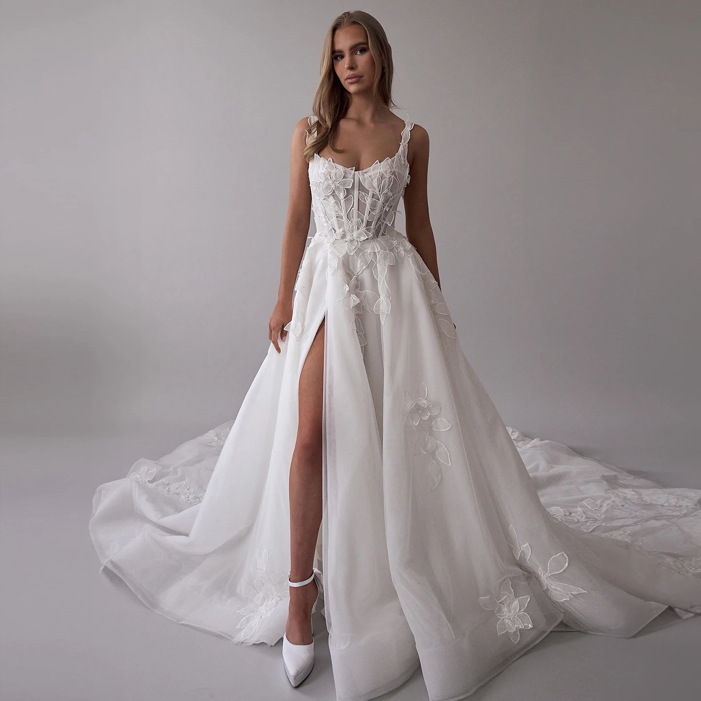 

Sharon Said 2025 Romantic A-Line Satin Off White Wedding Dress High Slit 3D Flowers Square Neck Bridal Gown SW065 Customized