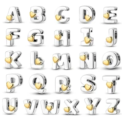 100% 925 Sterling Silver 26 Letter A-Z Gold Heart Round And Cute Design Charms Beads 3mm DIY Fine Jewelry Sweet