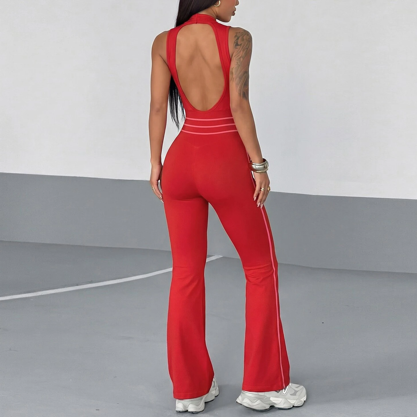 Women Sleeveless Zipper Jumpsuit Hollow Out Back Flare Leg Jumpsuits Seamless Contrast Stripe Gym Workout Bodysuit Activew
