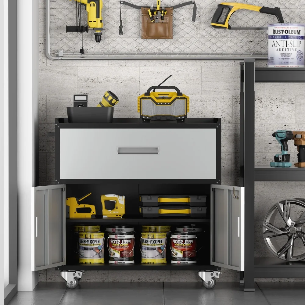 

Metal garage cabinets, rolling tool cart boxes with wheels (black/gray)