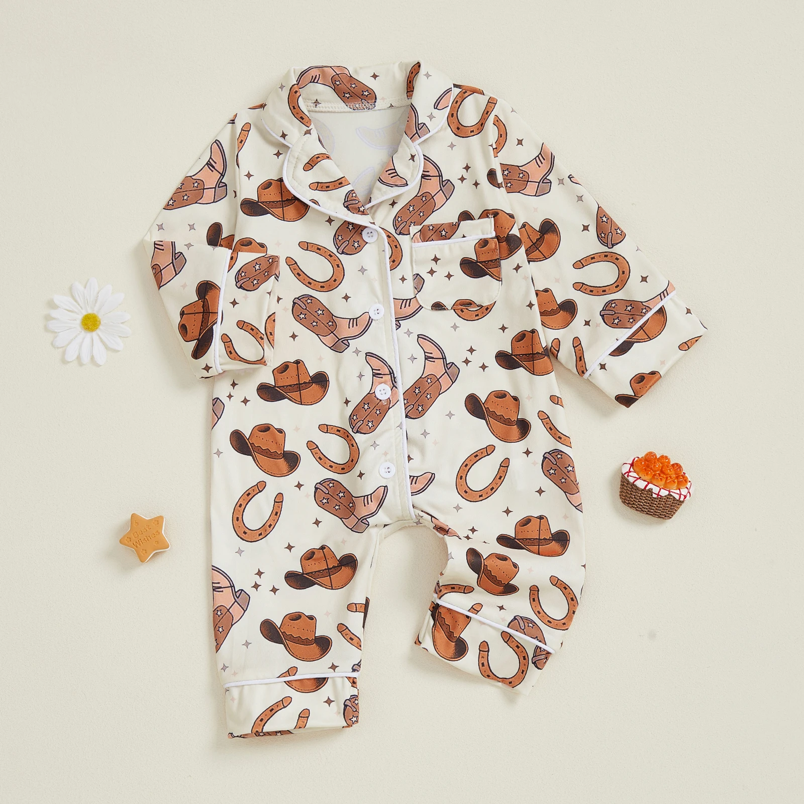 Up Pajamas Collar-Button Western Long Lapel Sleeve Long Pajamas Newborn Jumpsuits Western Baby Boys Girls