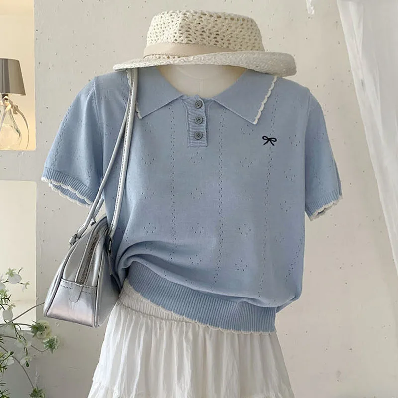 

Fashion Turn Down Collar Hollow Out Knitted Sweater Women Pullovers Short Sleeve Knit Sweater Pullover Women Tops Sweaters Q4355