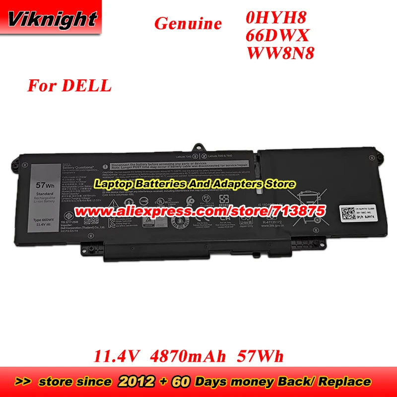 

Genuine 0HYH8 66DWX WW8N8 Battery for DELL Latitude 7340 7440 7640 P126F P175G Notebook 11.4V 4870mAh 57Wh