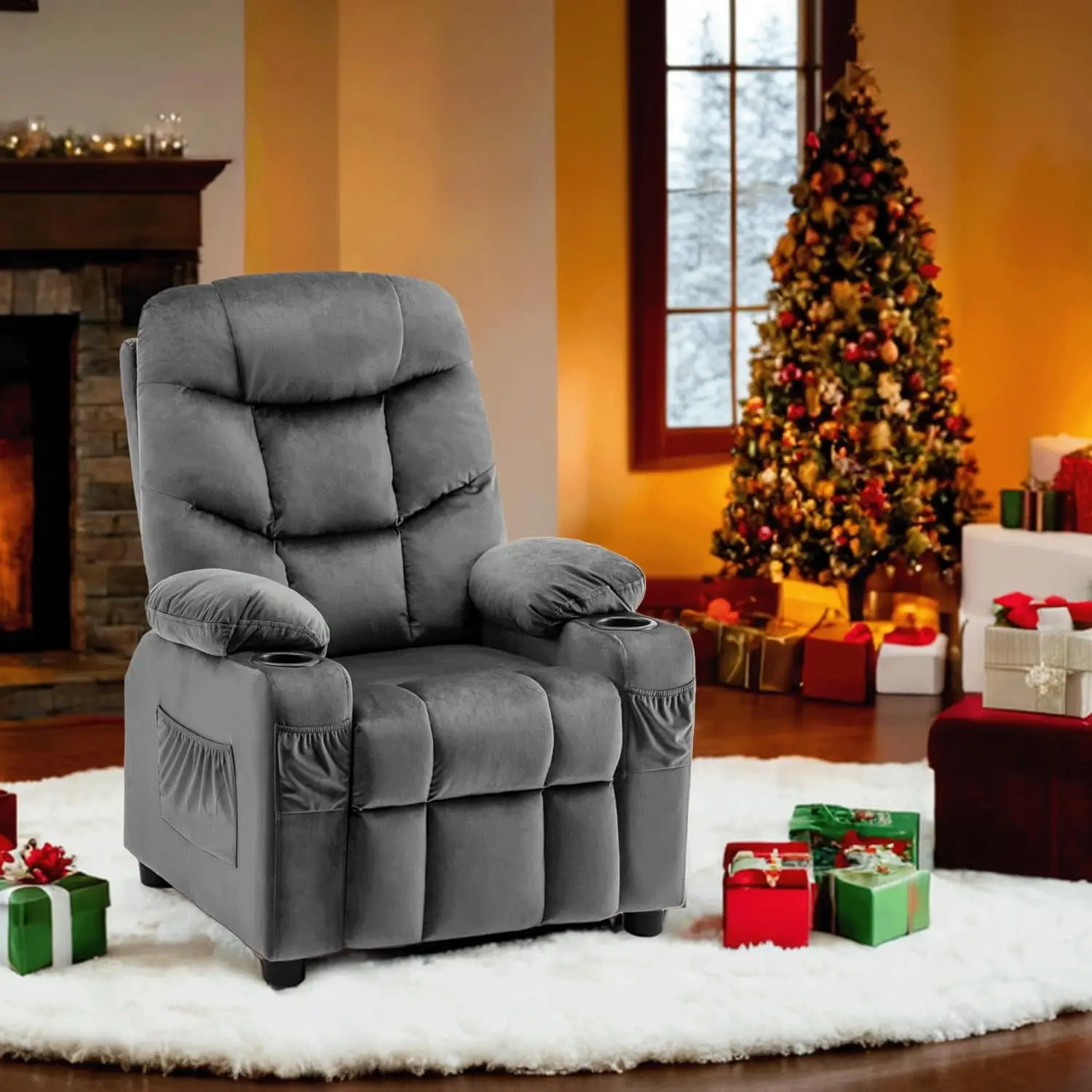 Recliner for Ages 3+, Child Recliner Chair, Toddlers Recliner Sofa with Cup Holders (Velvet, Dark Grey)