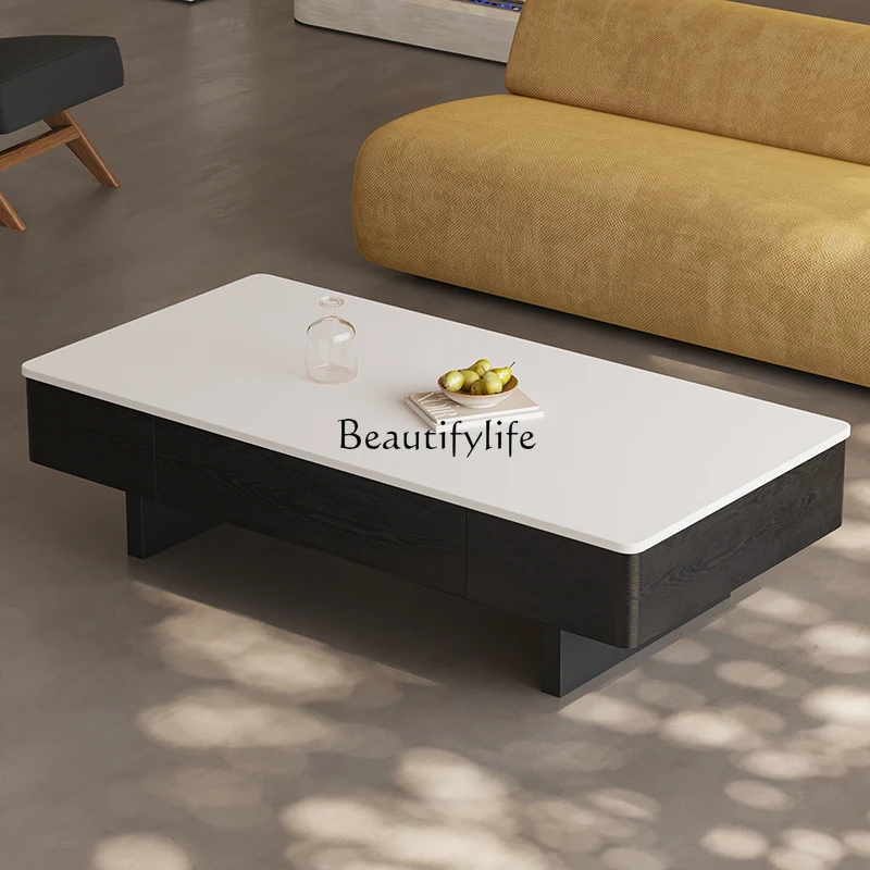

Vintage Cream Style Pure White Stone Tea Table for Living Room Home Use Simple Rectangular Solid Wood Tea Table