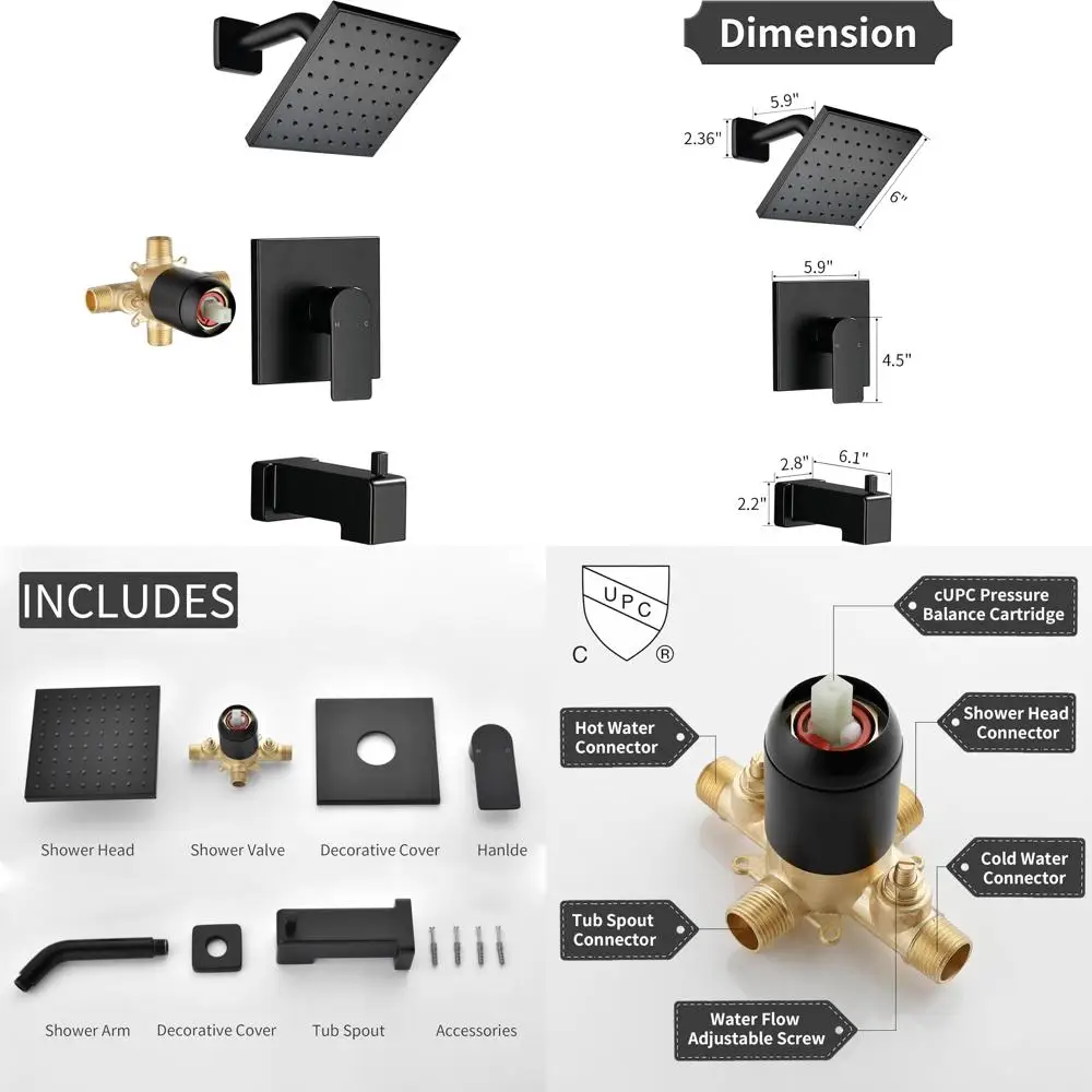 

6 Inch Rain Shower Head with Tub Spout, Matte Black Shower Faucet Set, Shower Fixtures for Tub and Shower, Modern Bathroom Showe