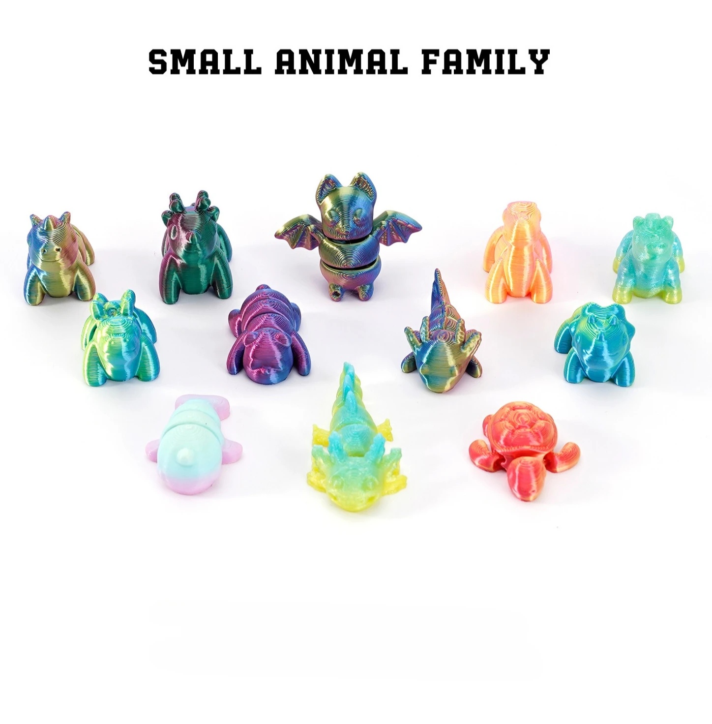 12PCs/set 3D Printed Animal Model Ornaments Cute Mini Colorful Dinosaur Bat Figurines Home Decoration Accessories