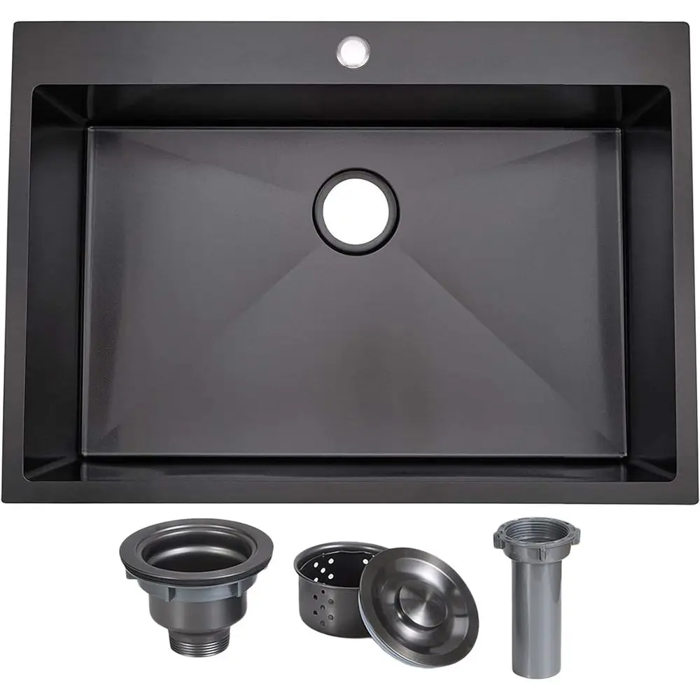 

Кухонная мойка 33x22 дюйма, черная, встраиваемая, из нержавеющей стали цвета оружейной стали, с одной чашей, для кухни/прачечной, с S-образным сливом