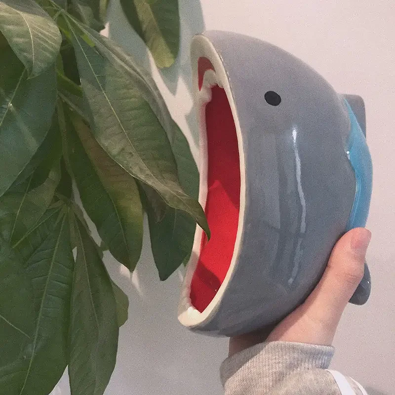 Cute Ceramic Shark Bowl Cartoon Fun Salad Bowl Hand Drawn Funny Salad Bowl Dishware Large Capacity 200ml Home Storage Container