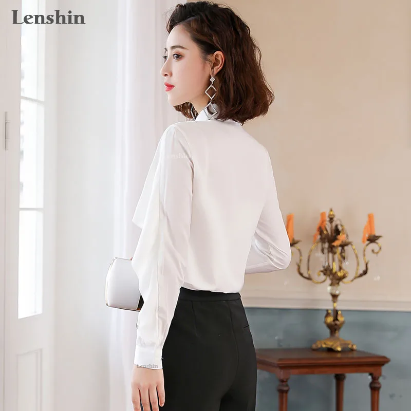 Lenshin Cheap Shawl Fashion Soft Blouse Work Wear Office Lady Bow Tie Shirts Female Cape Sleeve Tops Chemise