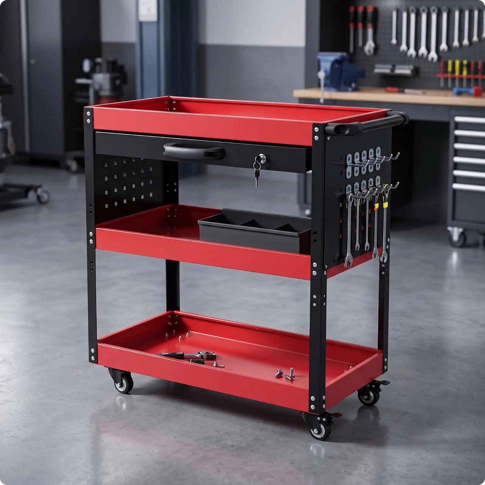 Three-Tier Tool Cart with Drawer Heavy-Duty Mobile Service Cart with Pegboard