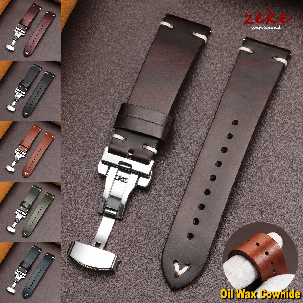 Vintage gewachstes Rindsleder Uhrenarmband Schnellverschluss Business Armband 18mm 20mm 22mm Lederarmband Gürtel mit Schmetterlingsschnalle