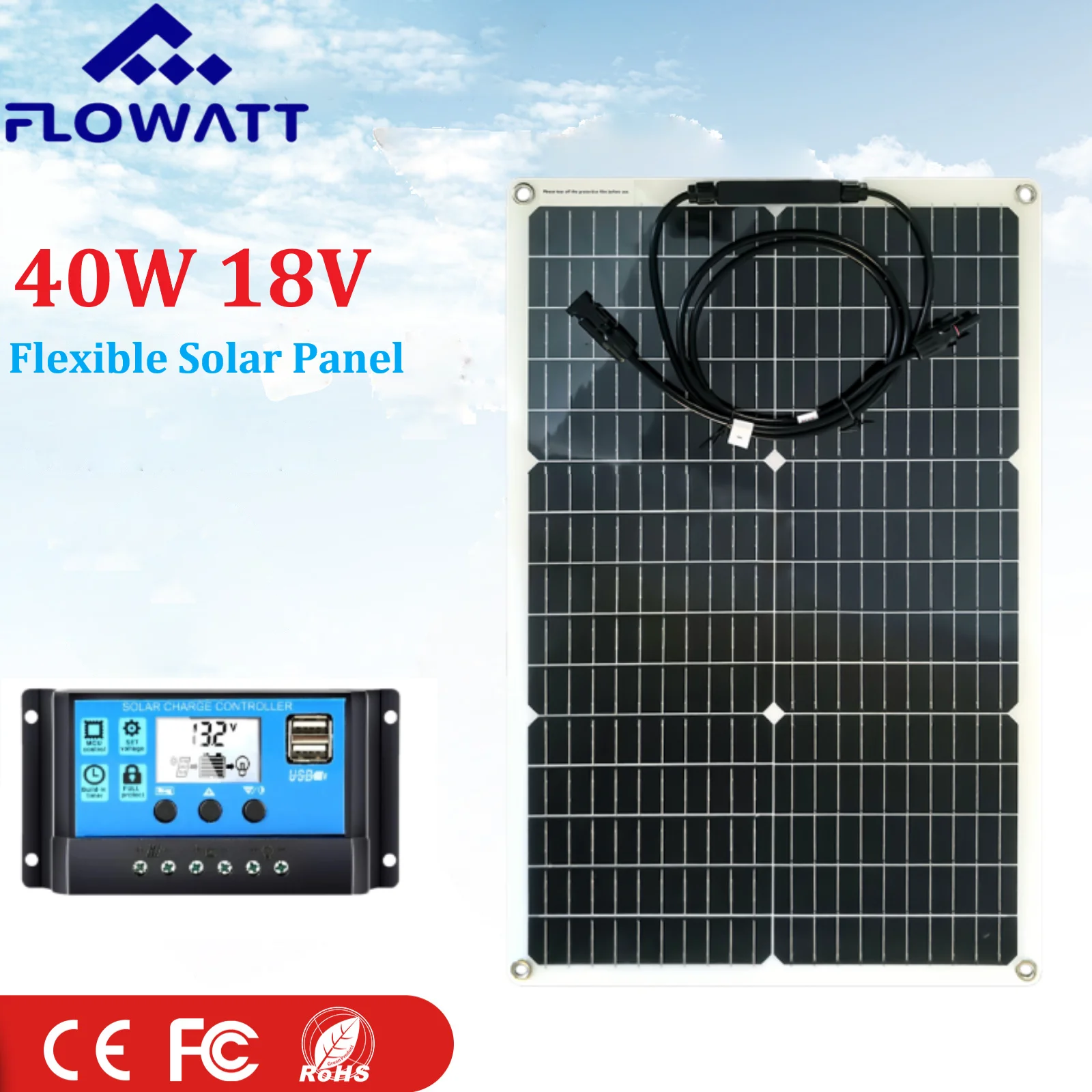 PowMr nuevo Panel Solar Flexible 40W célula Solar 12V/18V Kit de placa Solar para teléfono RV coche hogar Camping fuente de alimentación de batería Solar