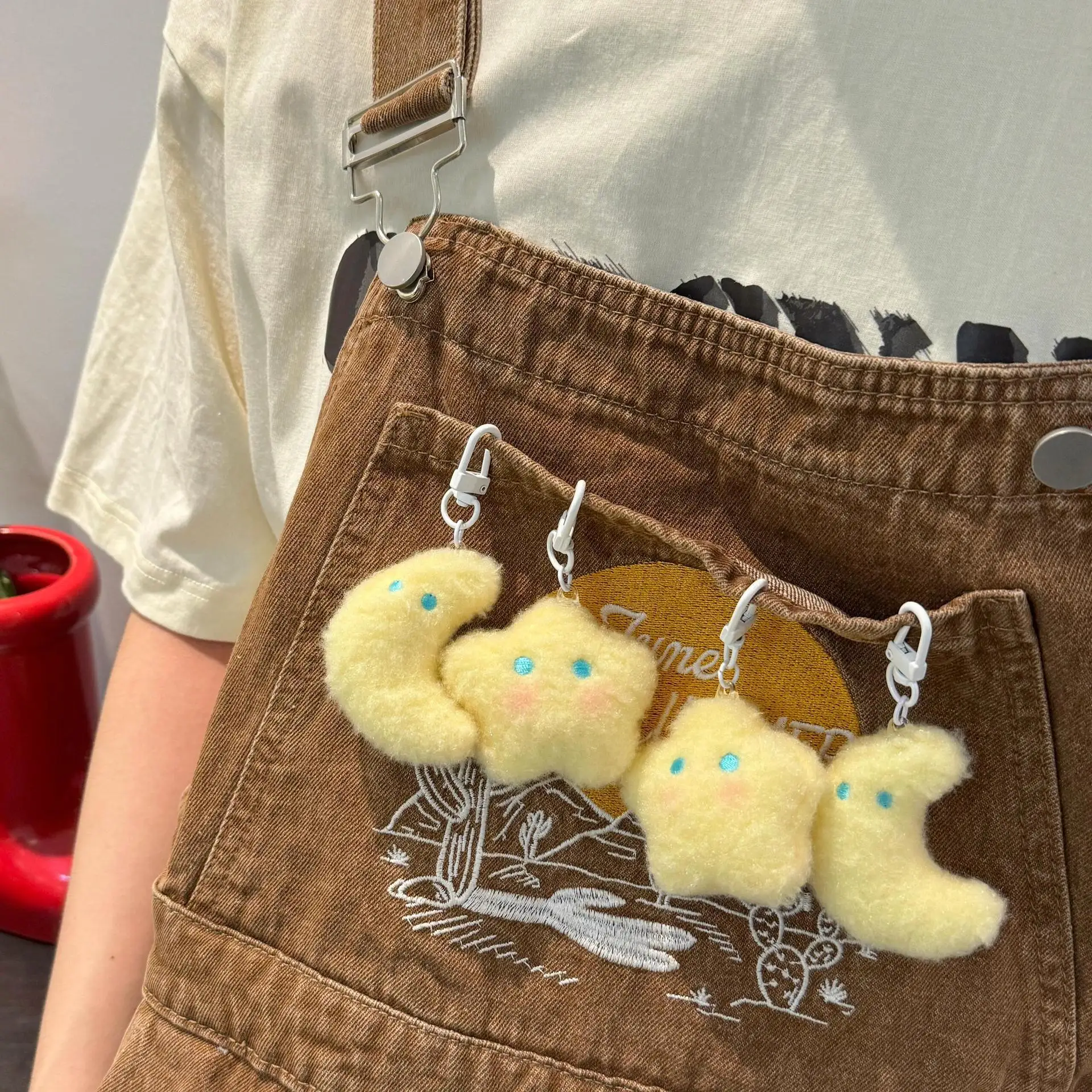 Cute Blue Eyes Star Moon Keychain For Women Lovely Soft Plush Bag Pendant Creative Ornament Gift Girls Friends Daily Decoration