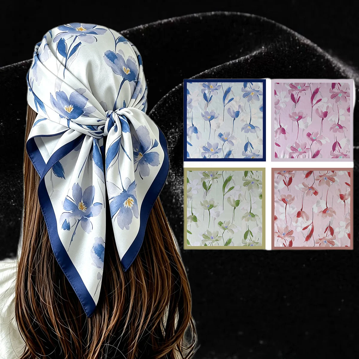 Vintage Elegant Women's Scarf Fresh Watercolor Flower Print Head Wrap Neckerchief Soft Satin Foulard Multi Color